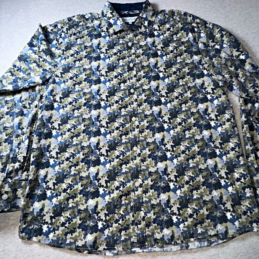 John Lennon Men's XL Cotton Multicolor Camo Dress Shirt Long Sleeve Button